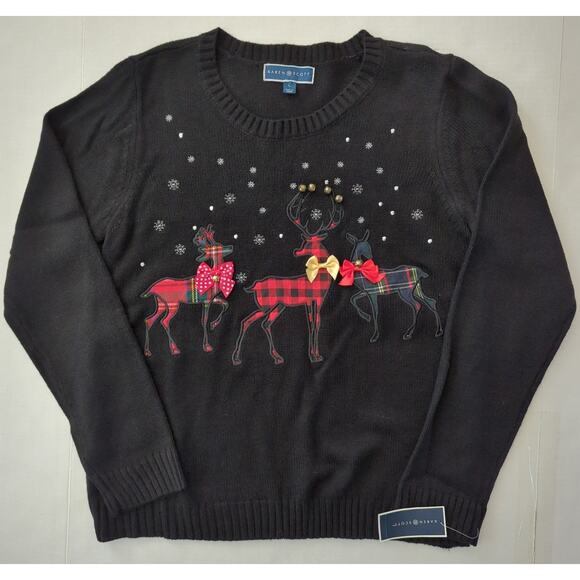 KAREN SCOTT Black Red White Gold Embroidered Reindeer Christmas Sweater Size L - Picture 1 of 7